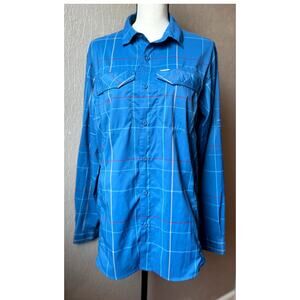 Columbia Omni-Shade Hiking Vented Pocket Plaid Button Up Blue Shirt Size Small